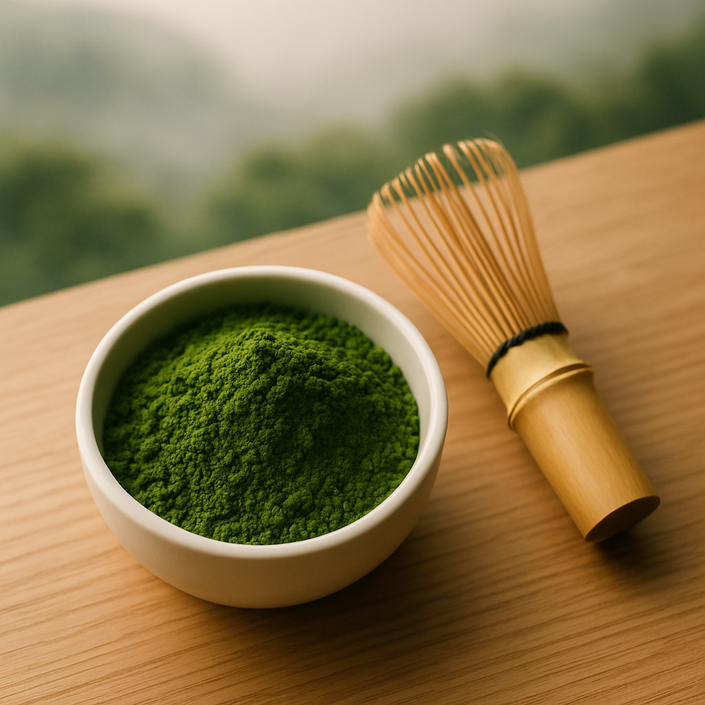 VIRICHA matcha powder in porcelain bowl with bamboo chasen