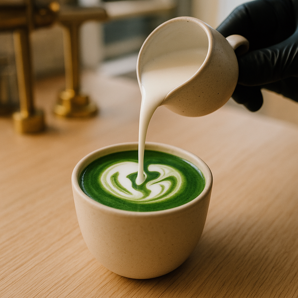 Matcha latte pouring with barista