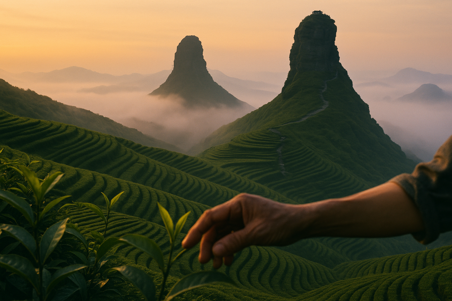 Fanjing Mountain tea terraces at golden hour